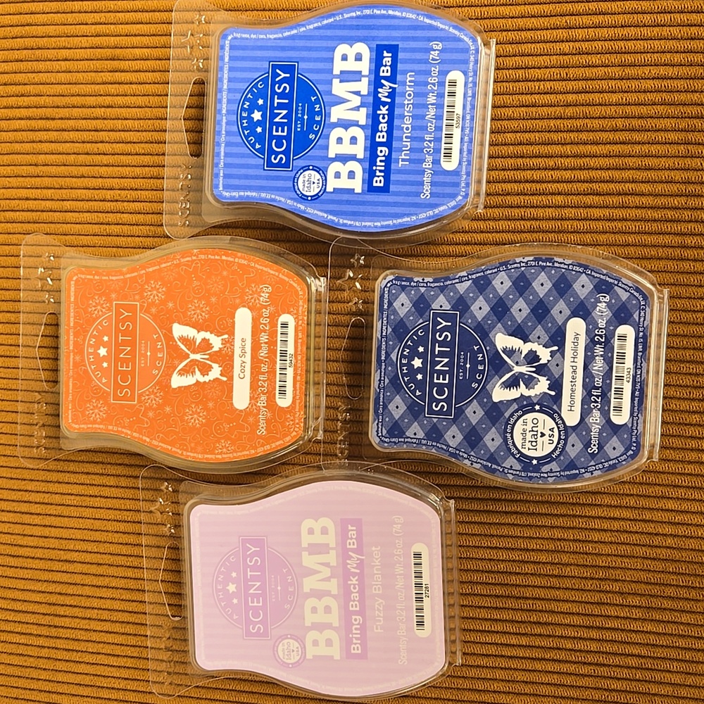 Scentsy Bars, Set of 4. Fuzzy Banket/Cozy Spice/Homestead Holiday/Thunde…